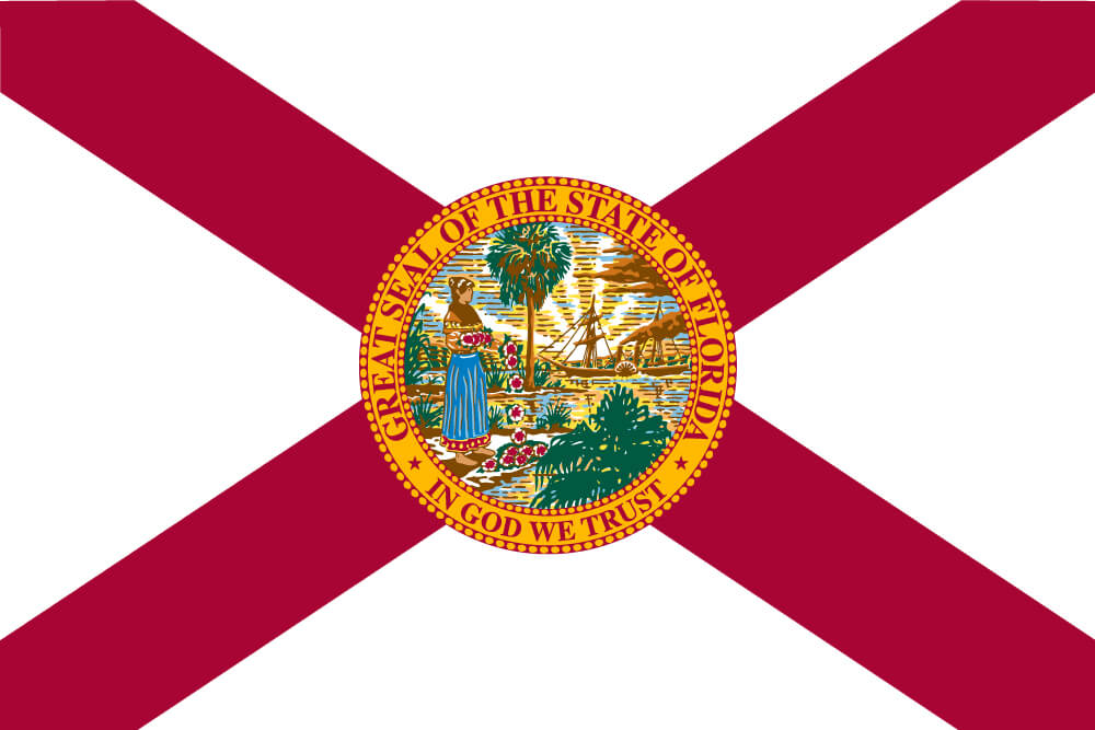 a field of white with a red saltire charged with the state seal featuring a Seminole woman and palmetto tree