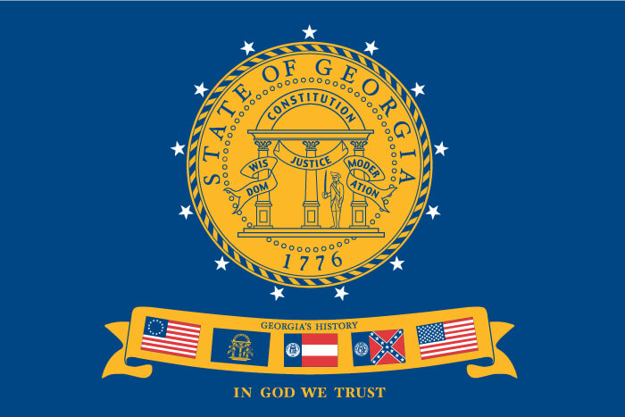 a field of blue charged with the state seal and a banner containing five different flags (previous Georgia flags and U.S. national flags)