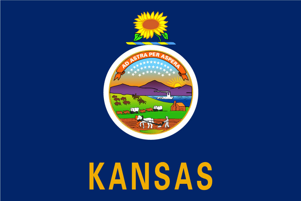 a field of dark blue charged with the state seal topped with a sunflower crest and “Kansas” inscribed below