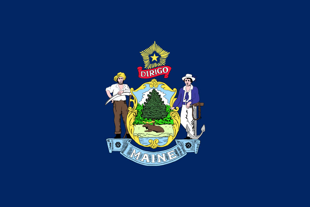 a field of blue charged with the state coat of arms featuring a farmer, sailor, and the north star