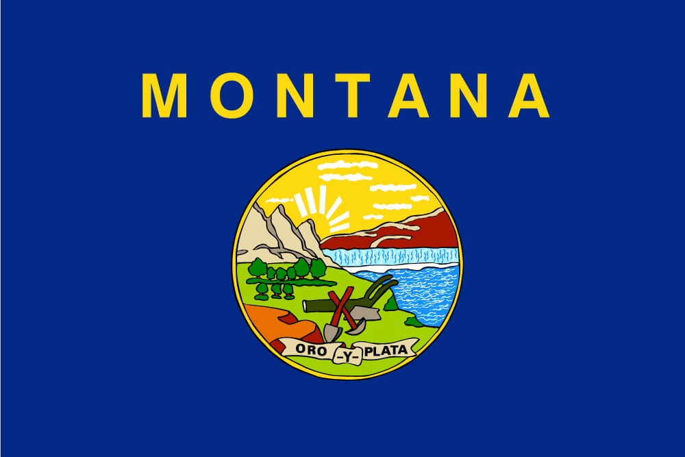a field of blue charged with the state seal and the word “Montana” inscribed in gold above