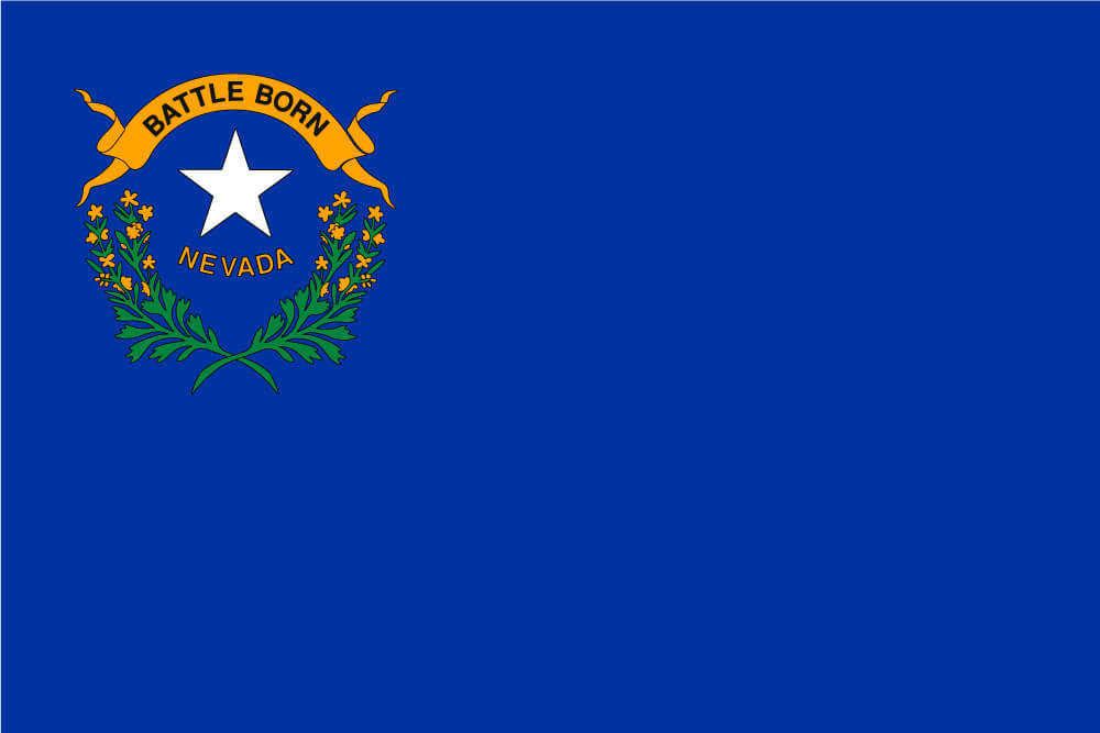 a field of cobalt blue with a state emblem in the canton featuring a white star and sagebrush with gold flowers