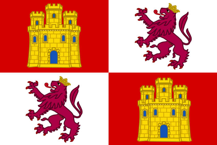 a quadrisection oof red and white; the red quadrants are charged with a gold castle and the white quadrants with a crowned red lion