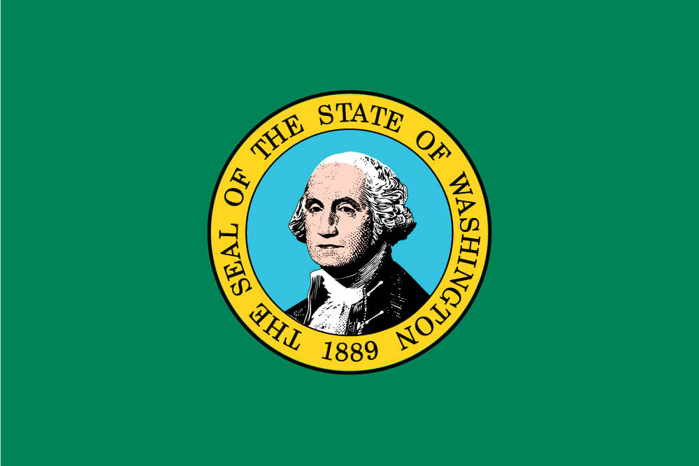 a field of green charged with the state seal featuring a portrait of President George Washington surrounded by a ring of gold
