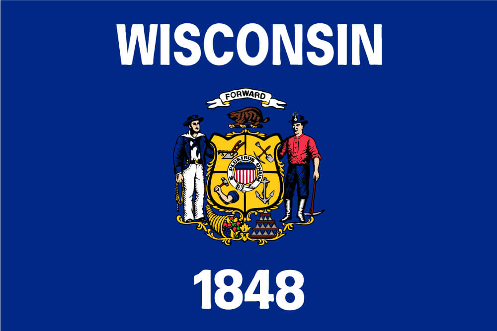 a field of dark blue charged with the state coat of arms featuring a sailor and a miner; above the seal “Wisconsin” is inscribed and “1848” is below